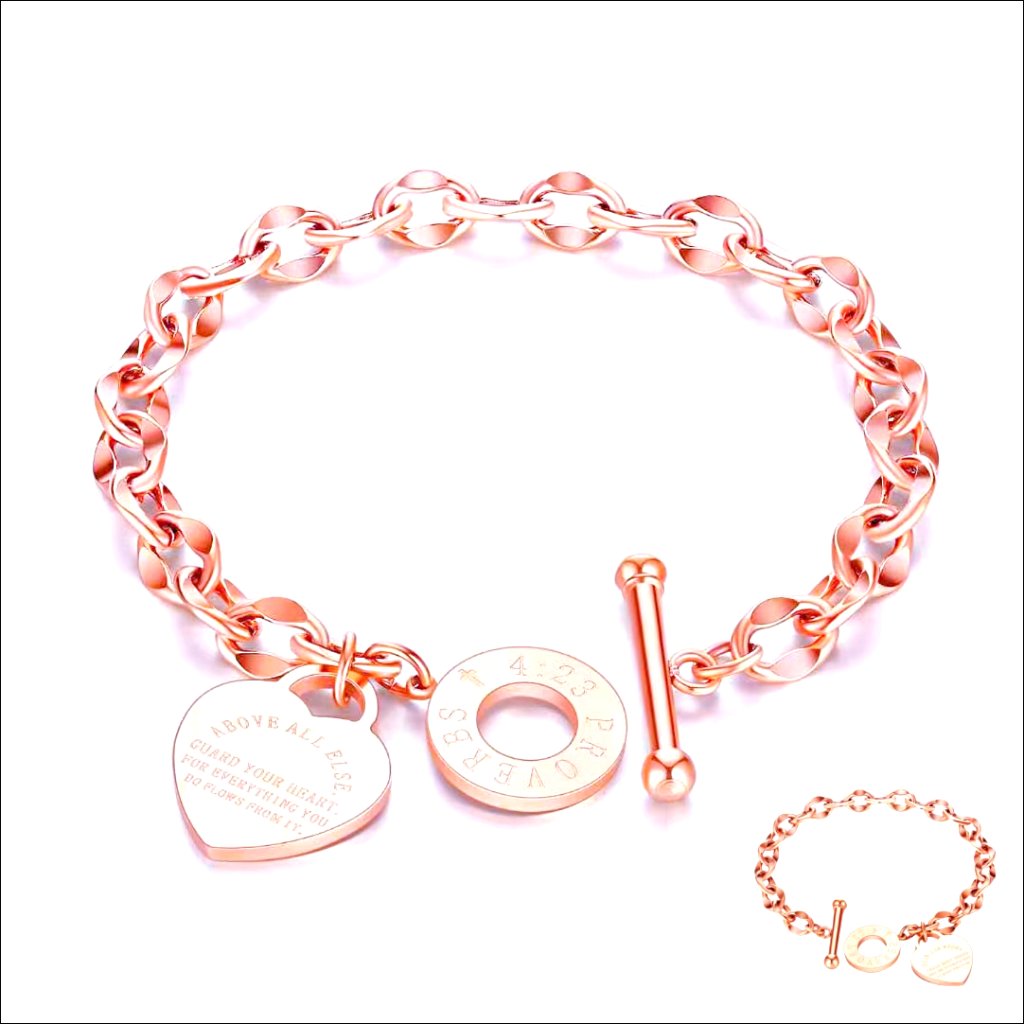 Stainless Steel Heart Charm Bracelet With Bible Verse Engraving, 8.1 Inch